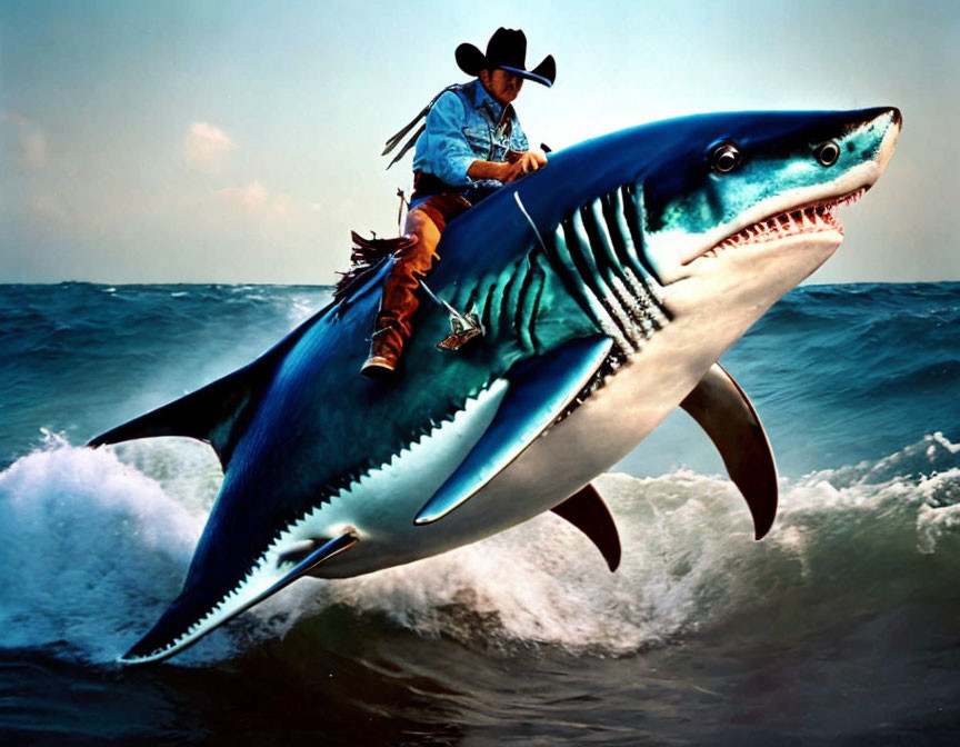 Cowboy riding shark over ocean waves in surreal image