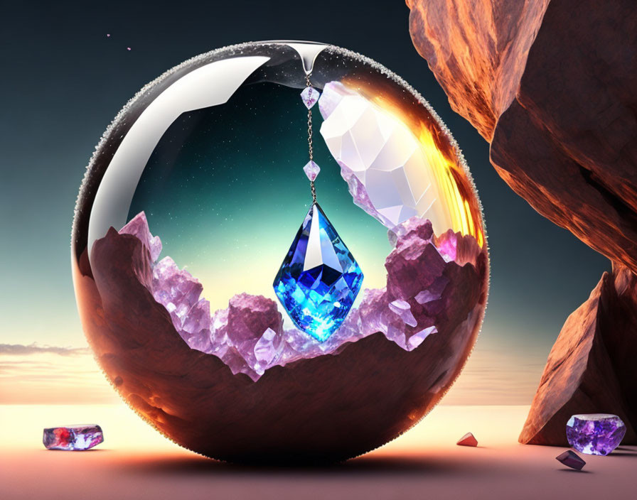 Surreal spherical object split open reveals cosmic scene with crystals and blue gem in desert sunset.