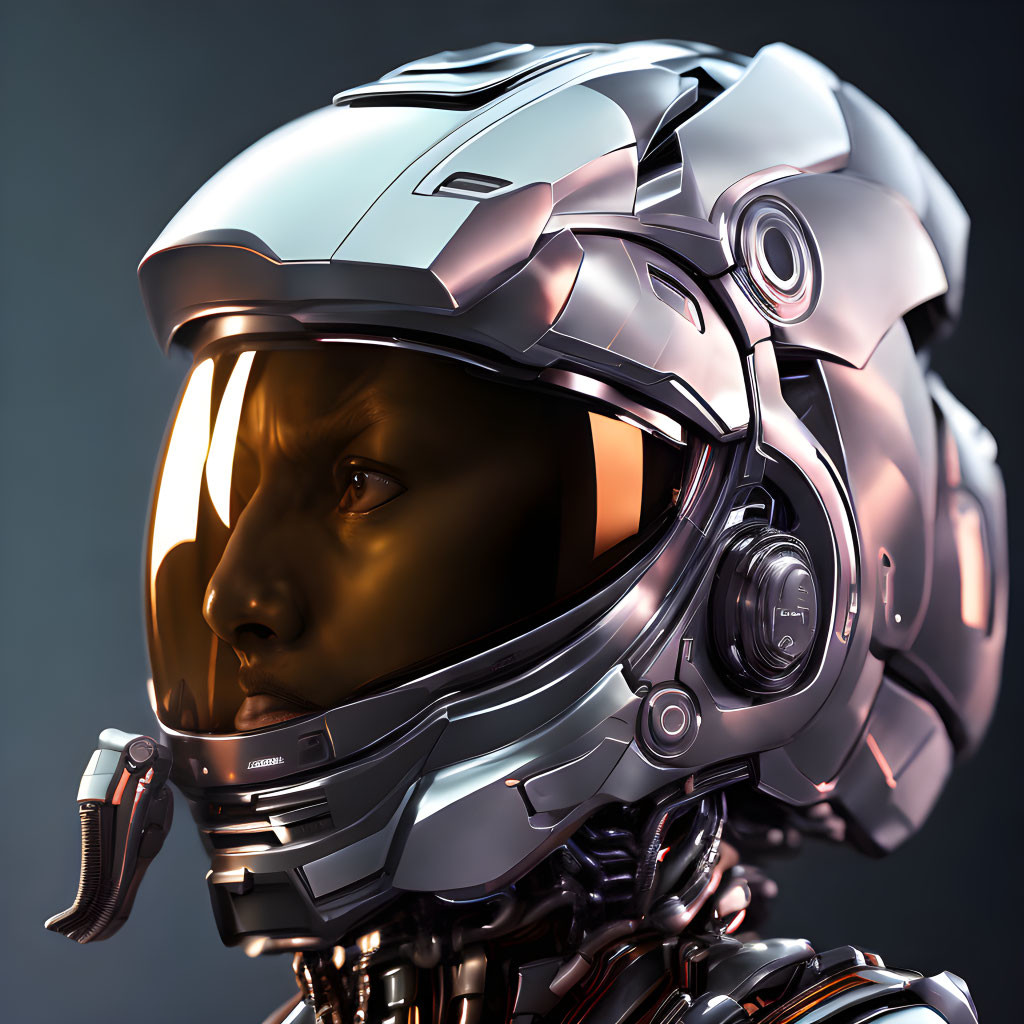 Futuristic helmet with reflective visor on dark background