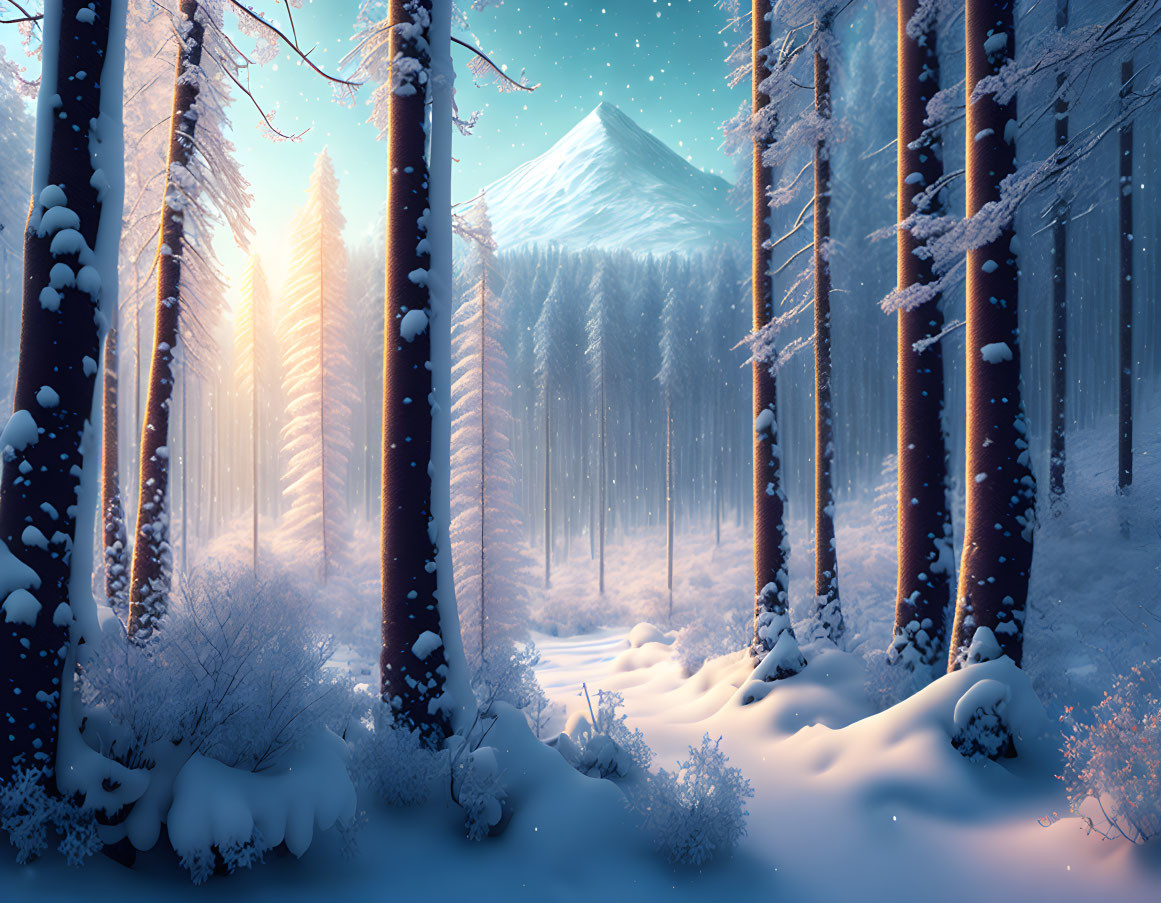 Snowy forest at dawn with sun rays, mountain, clear blue sky