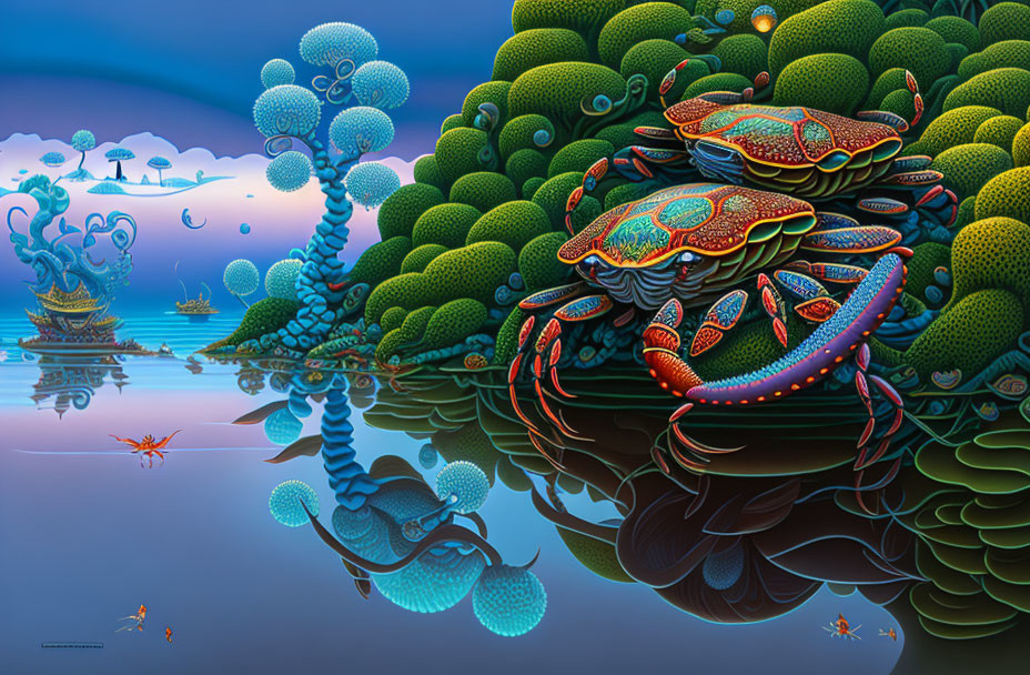 Surreal landscape with ornate crabs, lush greenery, whimsical trees