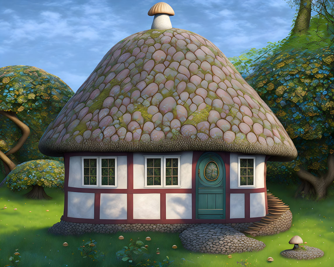 Round cottage with mushroom roof in lush forest clearing