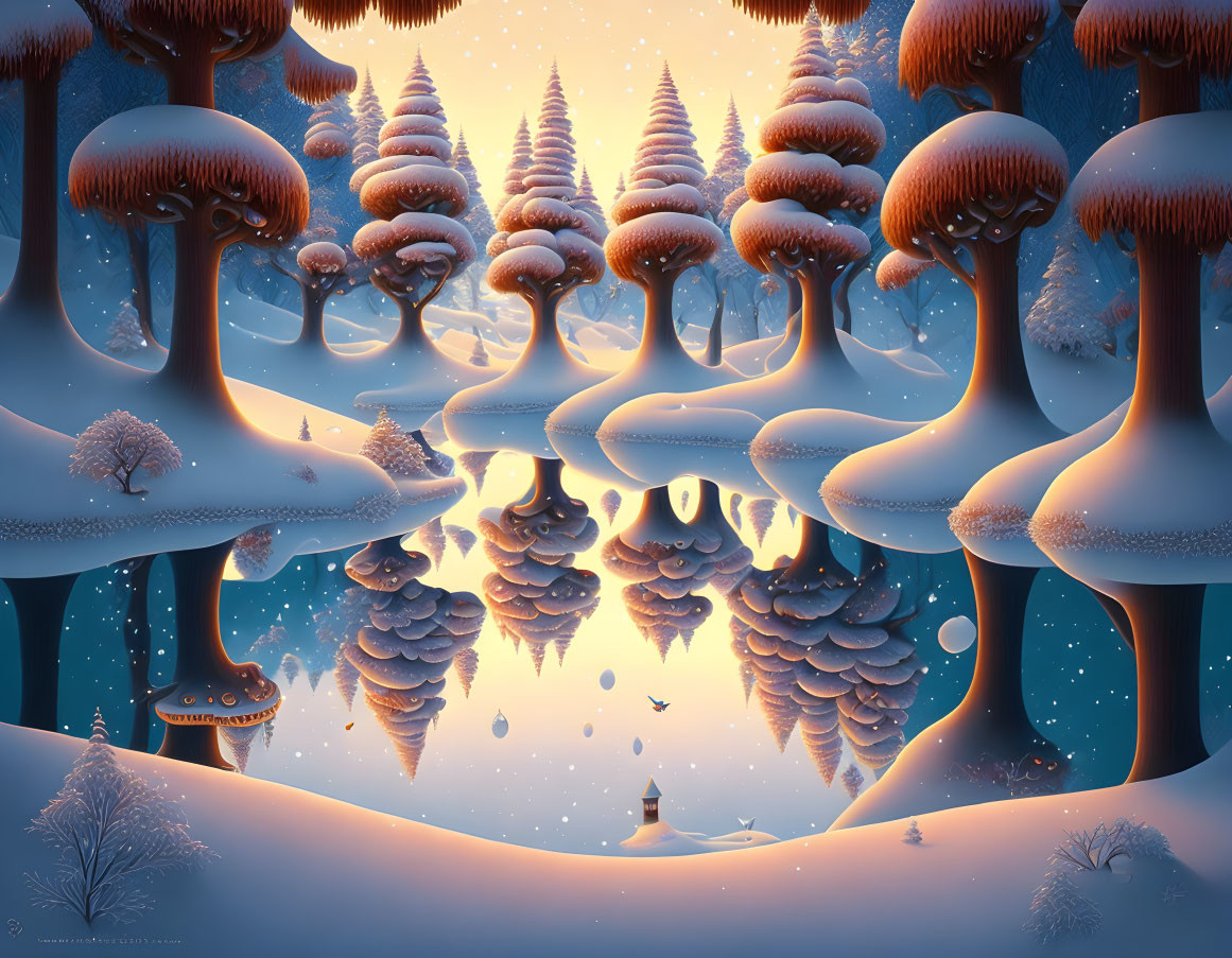 Snow-covered mushroom-shaped trees in serene winter landscape by tranquil lake