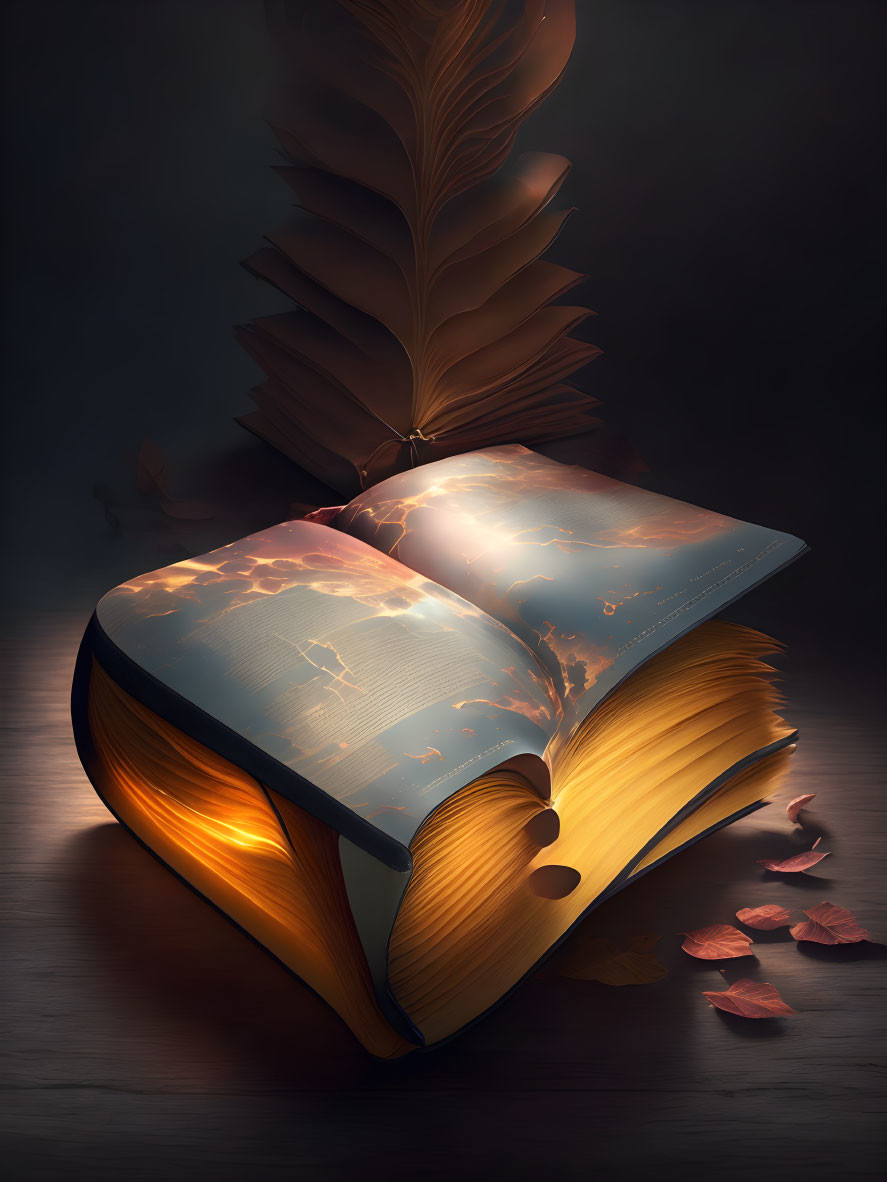 Open book transforms into glowing bird on dark background with leaves