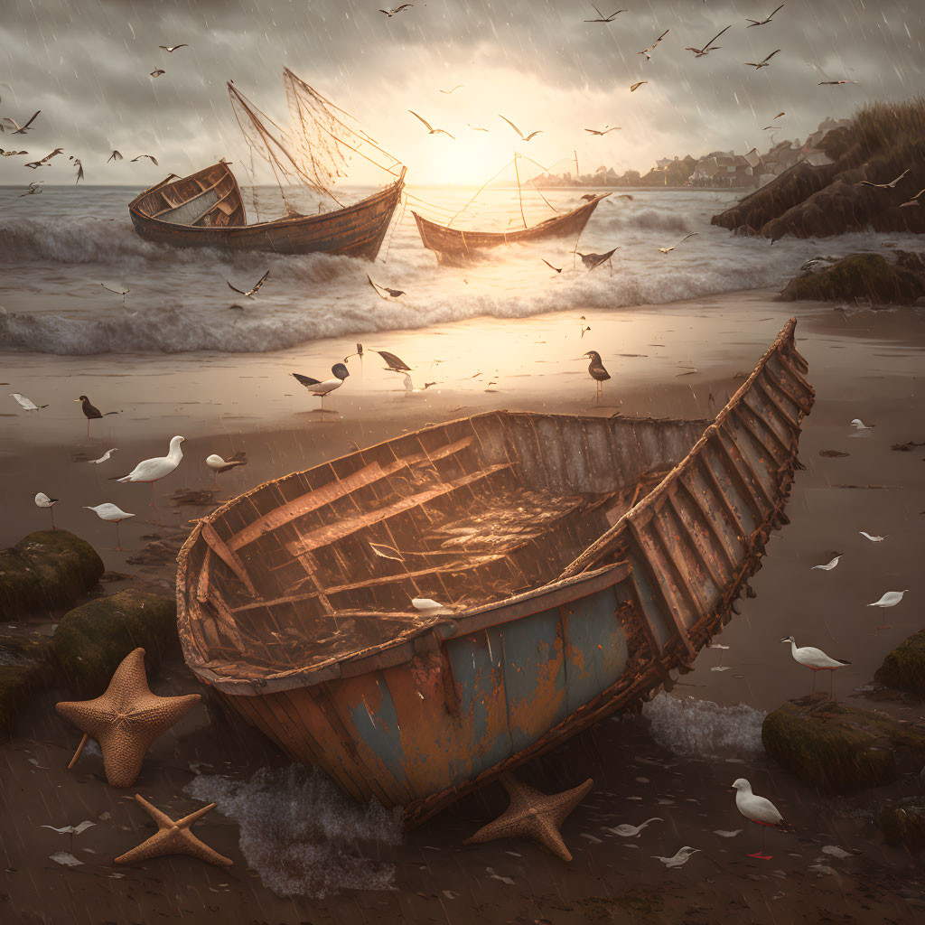 Abandoned boat, seagulls, starfish, ships, sunrise by the ocean