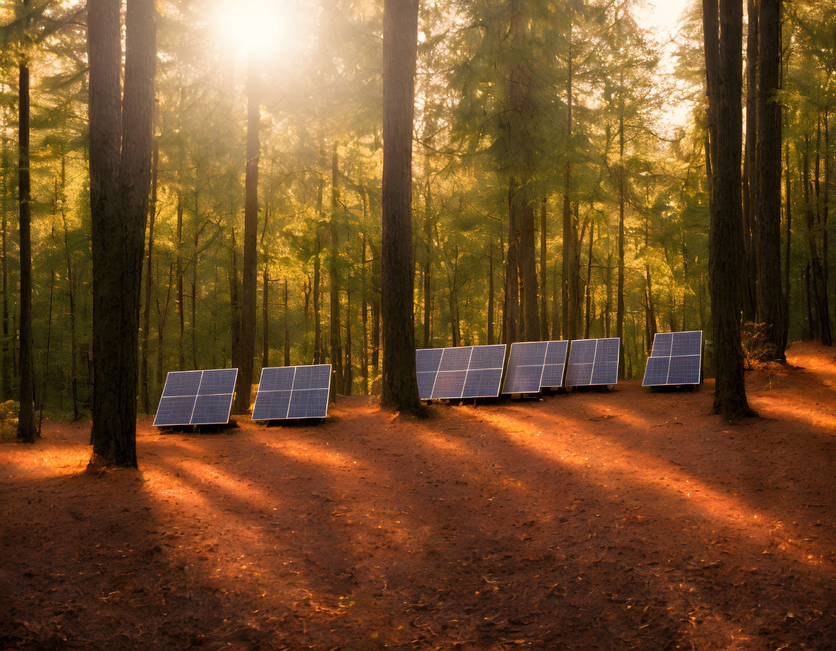 Sunlit Forest with Solar Panels and Rays of Light