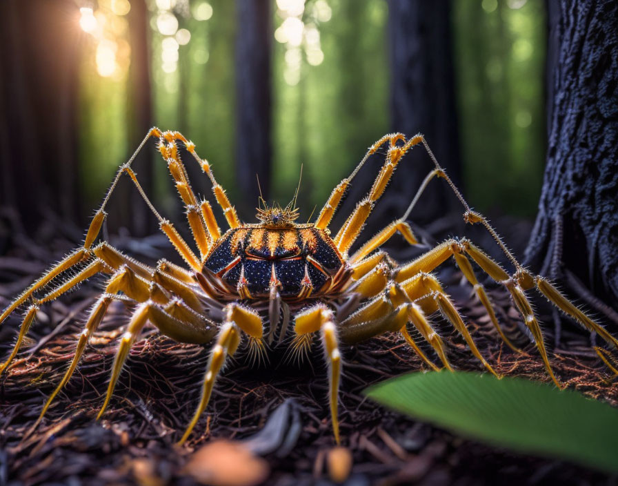 Forest floor spider under sunbeams in close-up