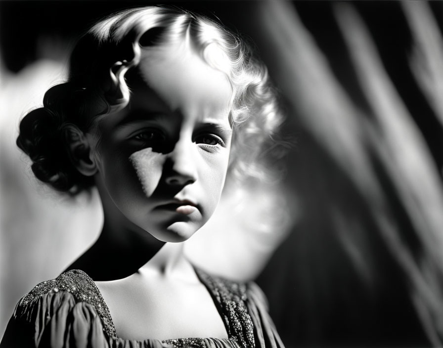 Monochrome portrait of a somber child with curly hair