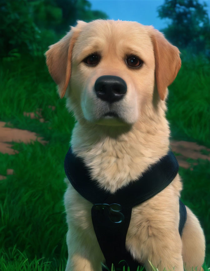 Golden Retriever Puppy Outdoors with Black Harness and Green Background