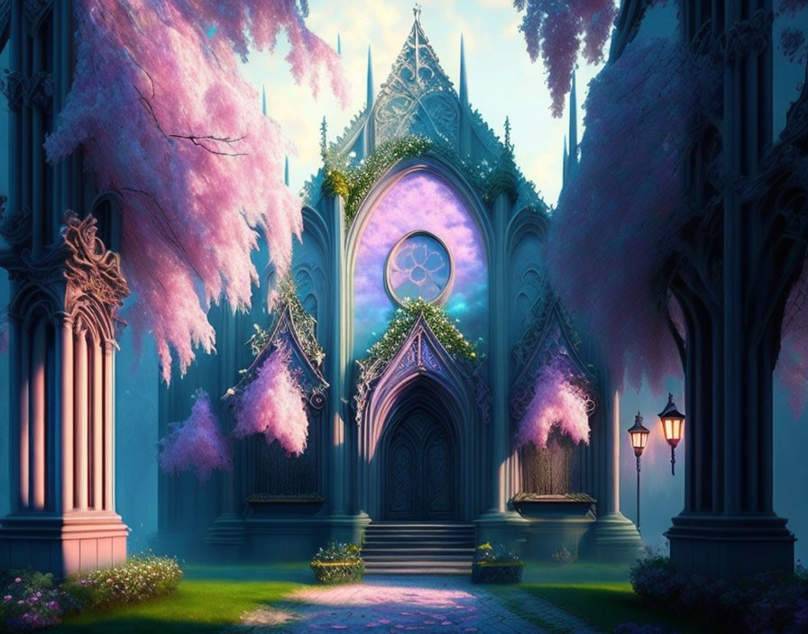 Gothic cathedral surrounded by pink flowering trees under mystical purple sky