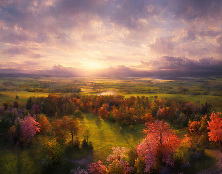 Colorful Sunset Landscape with Lush Trees and Golden Light