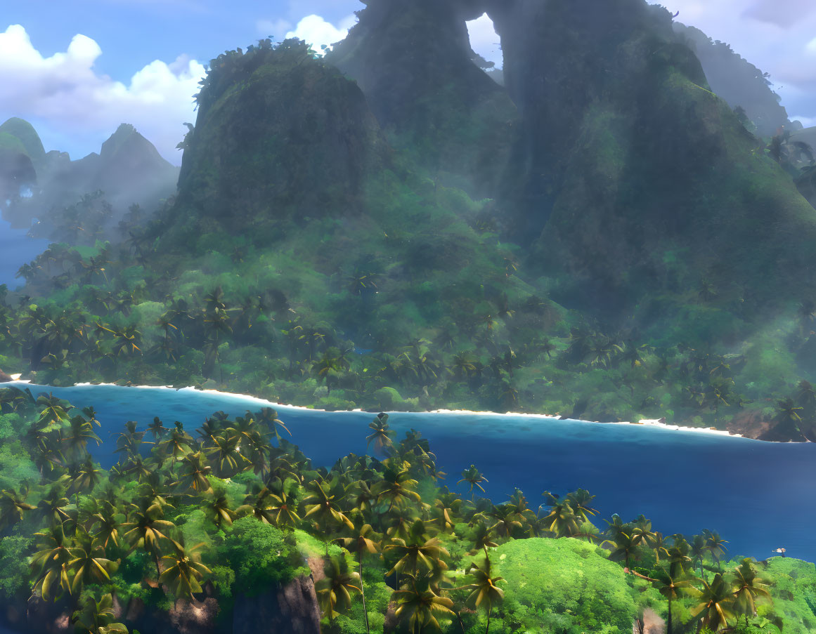 Tropical island with dense greenery, towering peaks, blue shoreline, and scattered palm trees