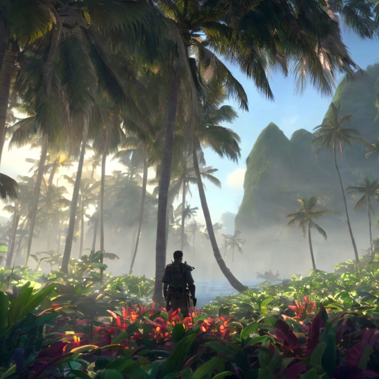 Tropical landscape with person, palm trees, and mountains