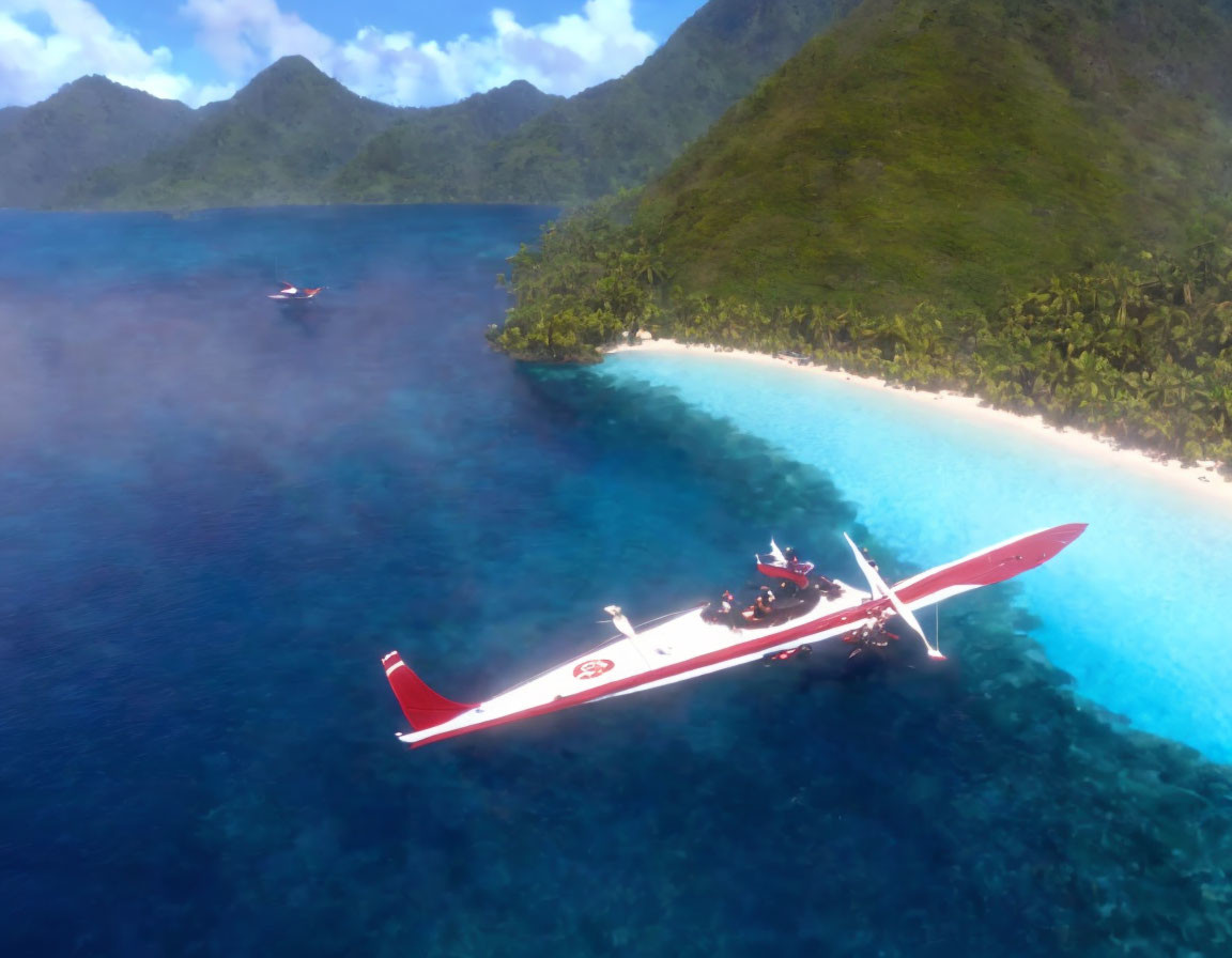 Seaplane parked on clear blue water near tropical island with lush greenery and sandy beach.