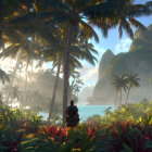 Tropical landscape with person, palm trees, and mountains