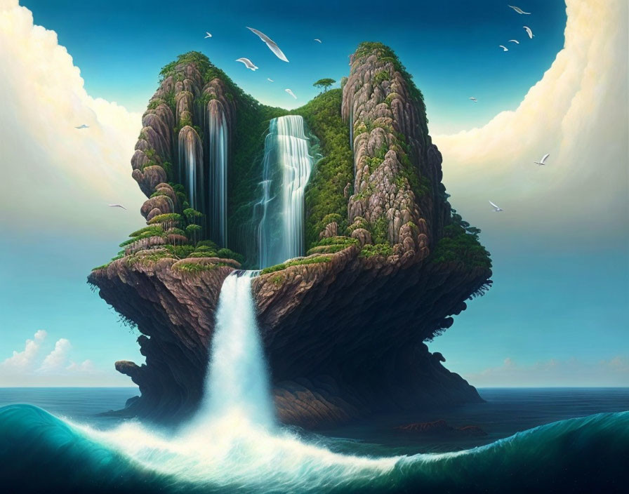 Surreal floating island with waterfalls, greenery, seagulls in blue sky