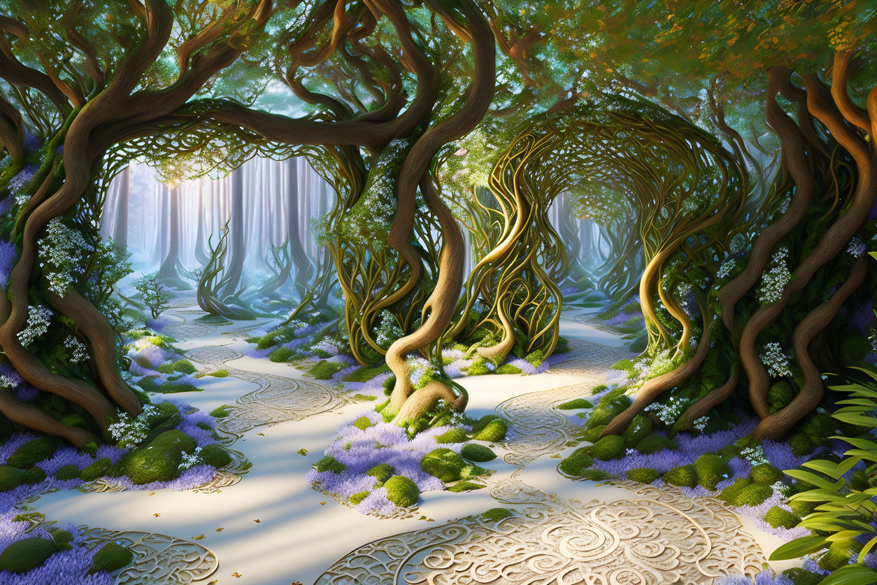 Enchanting forest with intricate tree roots and purple flowers