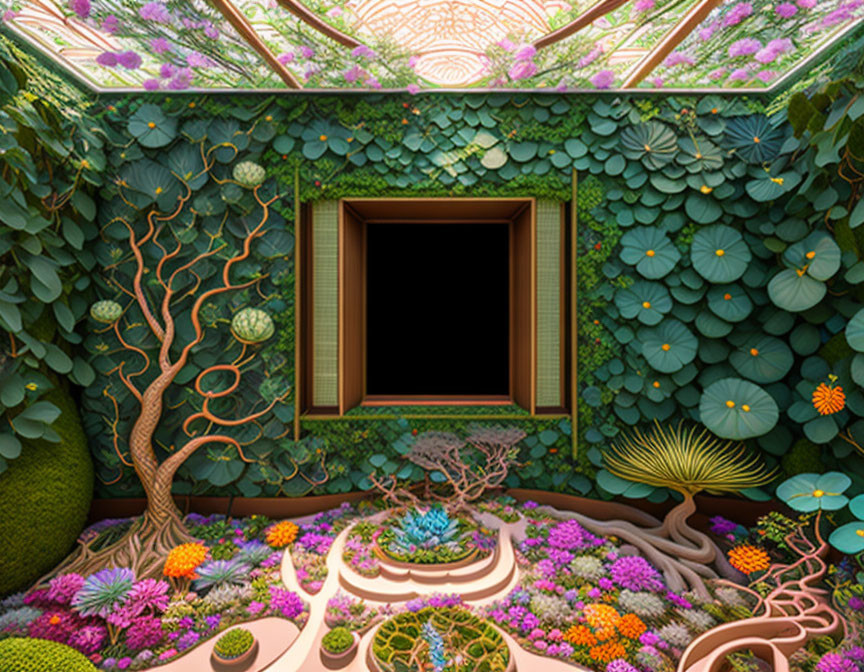 Detailed 3D illustration of whimsical garden room with lush walls and colorful plants