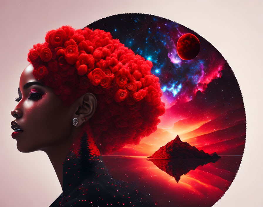 Vibrant red afro woman portrait with cosmic backdrop