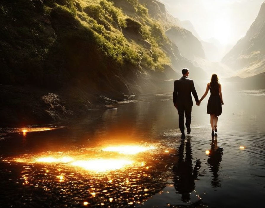 Couple Holding Hands Walk Towards Sunrise Over River & Cliffs