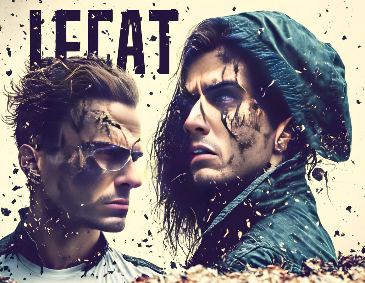 Intense men with flying dirt and "LEFAT" overlay.