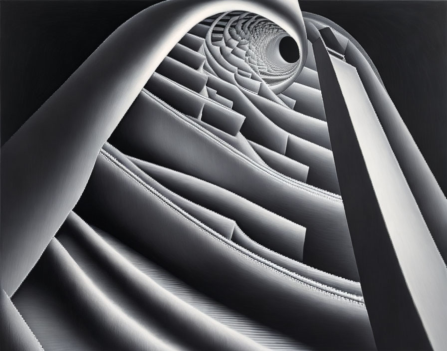 Monochrome fractal-like spiraling vortex illustration with layers creating optical illusion.