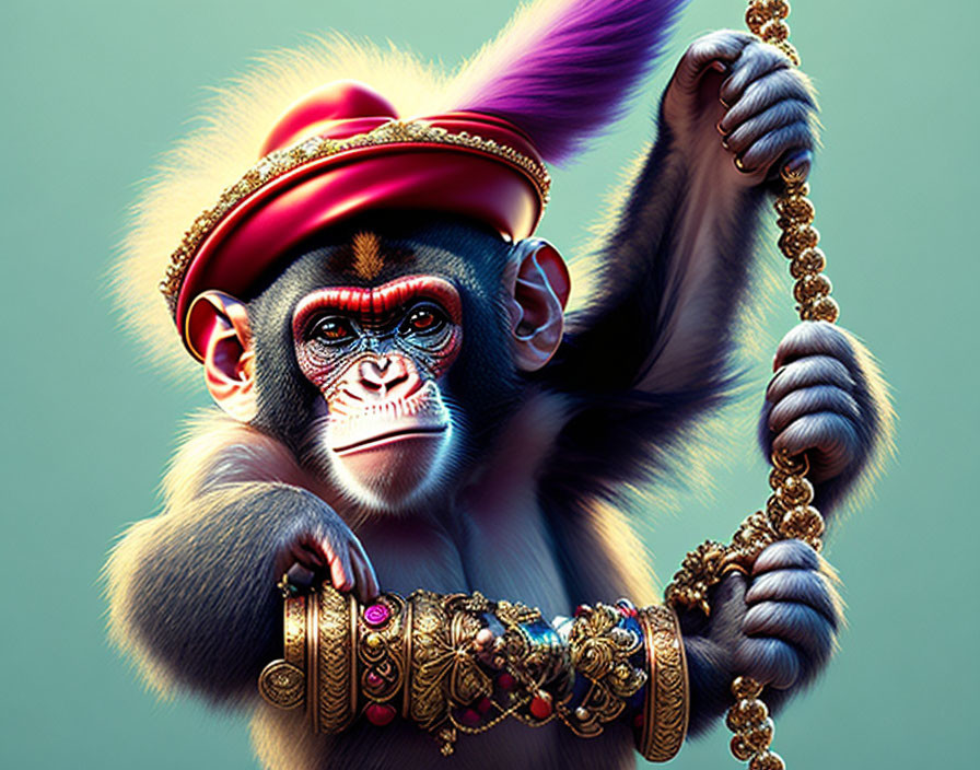 Regal monkey in red hat with golden jewelry