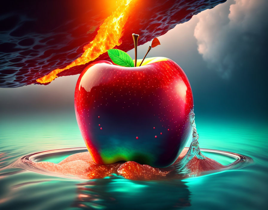 Red apple with green leaf floating on water with asteroid and stormy clouds in background