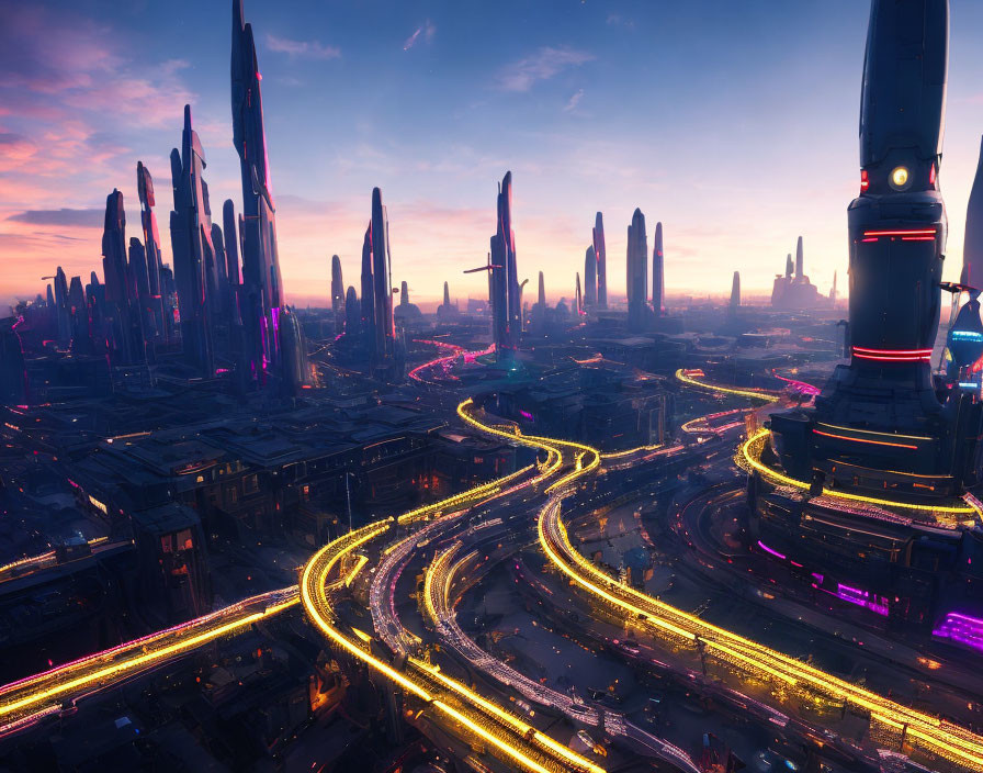 Futuristic cityscape at dusk with towering skyscrapers and illuminated roads