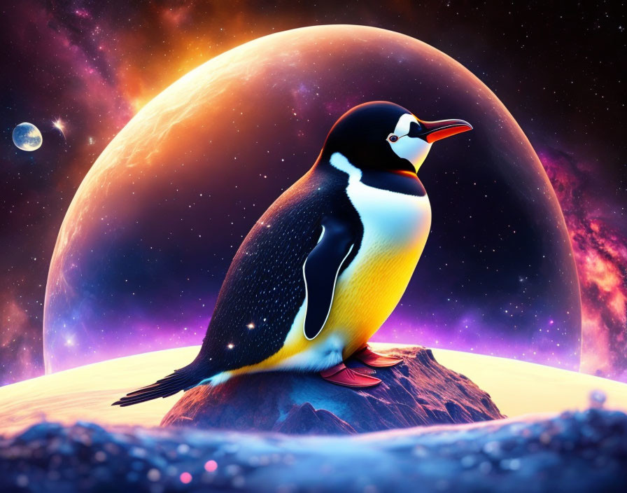 Penguin on Alien Planet with Purple Celestial Body