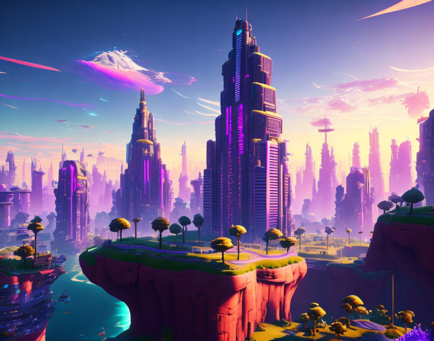 Futuristic cityscape with skyscrapers, floating islands, and lush greenery at sunrise