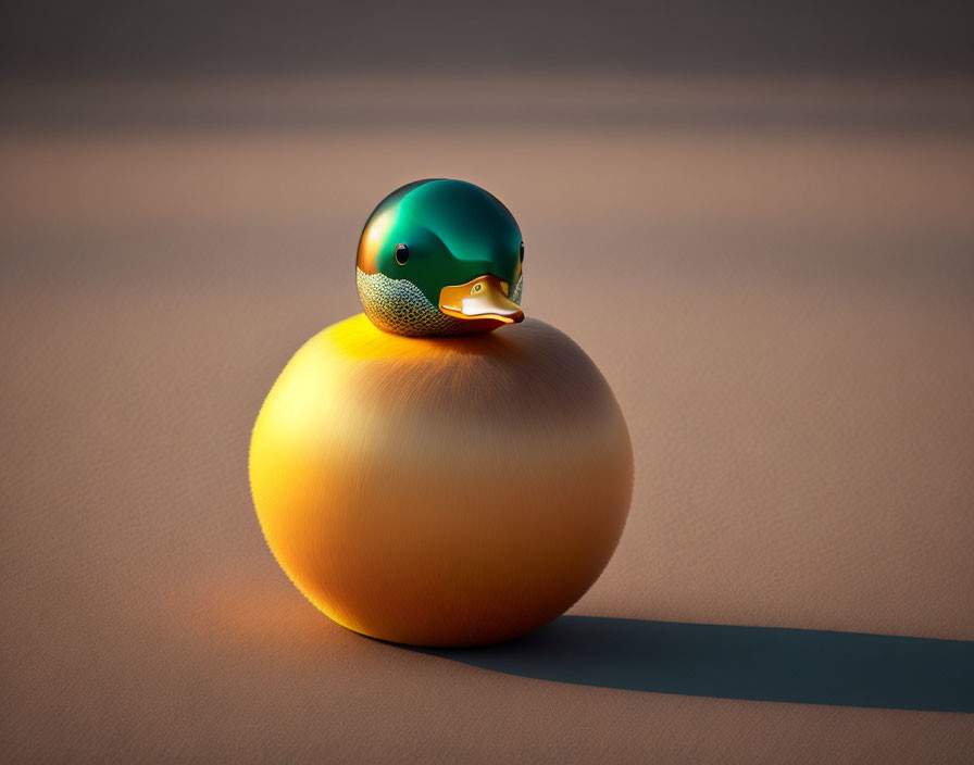 Glossy orange rubber duck with green head and yellow beak on surface