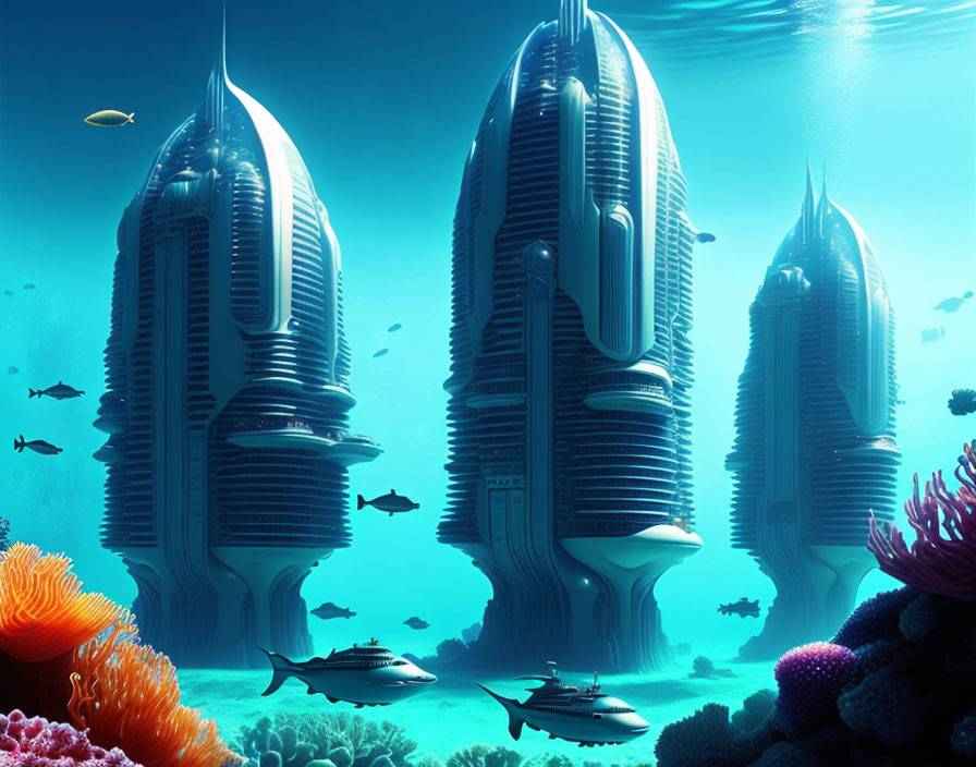 Underwater skyscrapers with marine life, coral formations, and futuristic submarines.