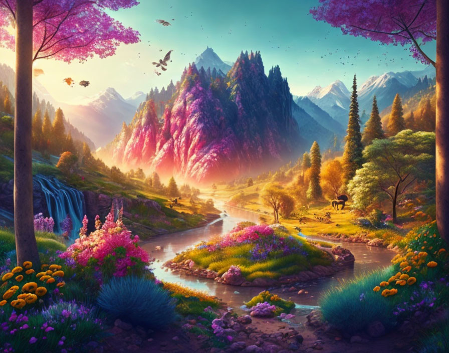 Colorful Fantasy Landscape with Pink Blossomed Trees, River, Flowers, Waterfall, and Mountains