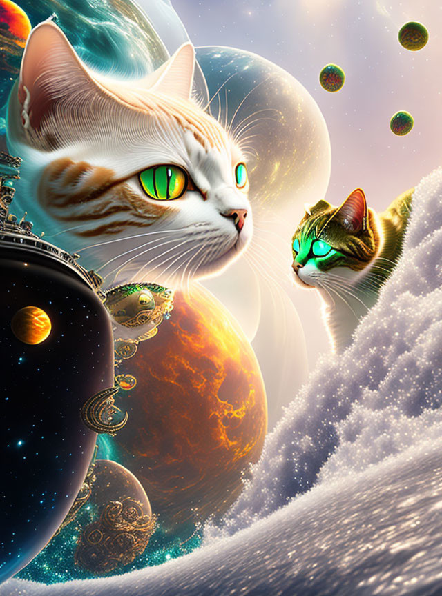 Two cats with green eyes on cosmic backdrop with stars and planets.