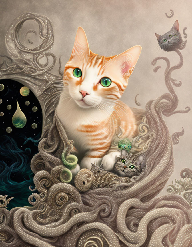 Orange Tabby Cat and Grey Kitten with Abstract Swirls on Cosmic Background