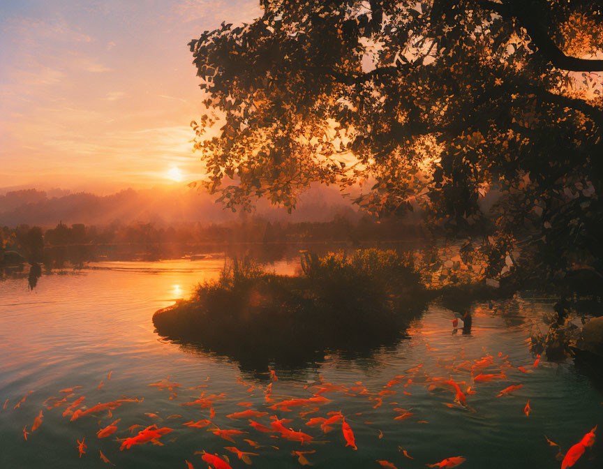 Tranquil sunset scene with koi fish in serene lake