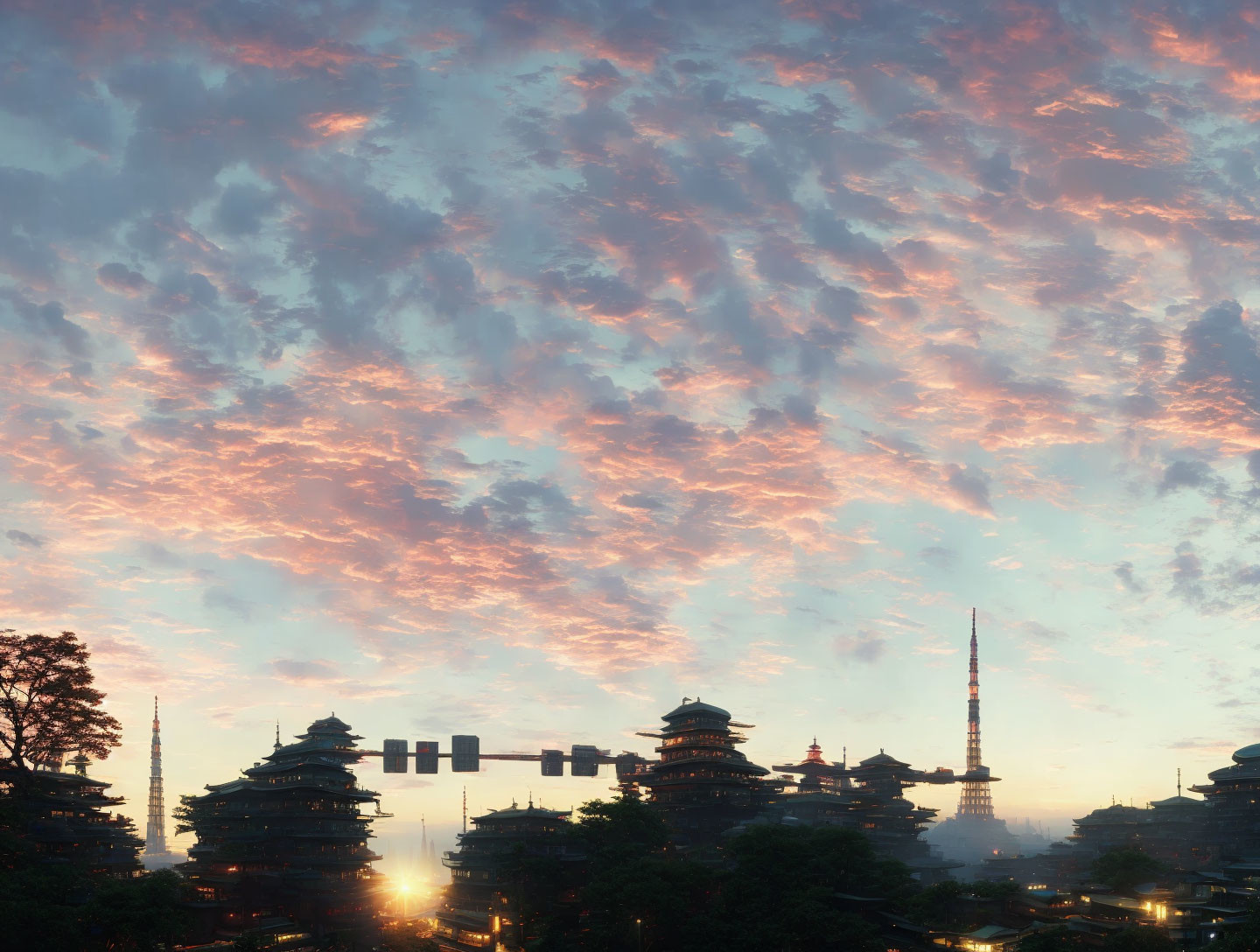 Cityscape at Dusk: Pagoda-style Buildings and Modern Tower in Majestic Sky