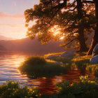 Tranquil sunset scene with koi fish in serene lake