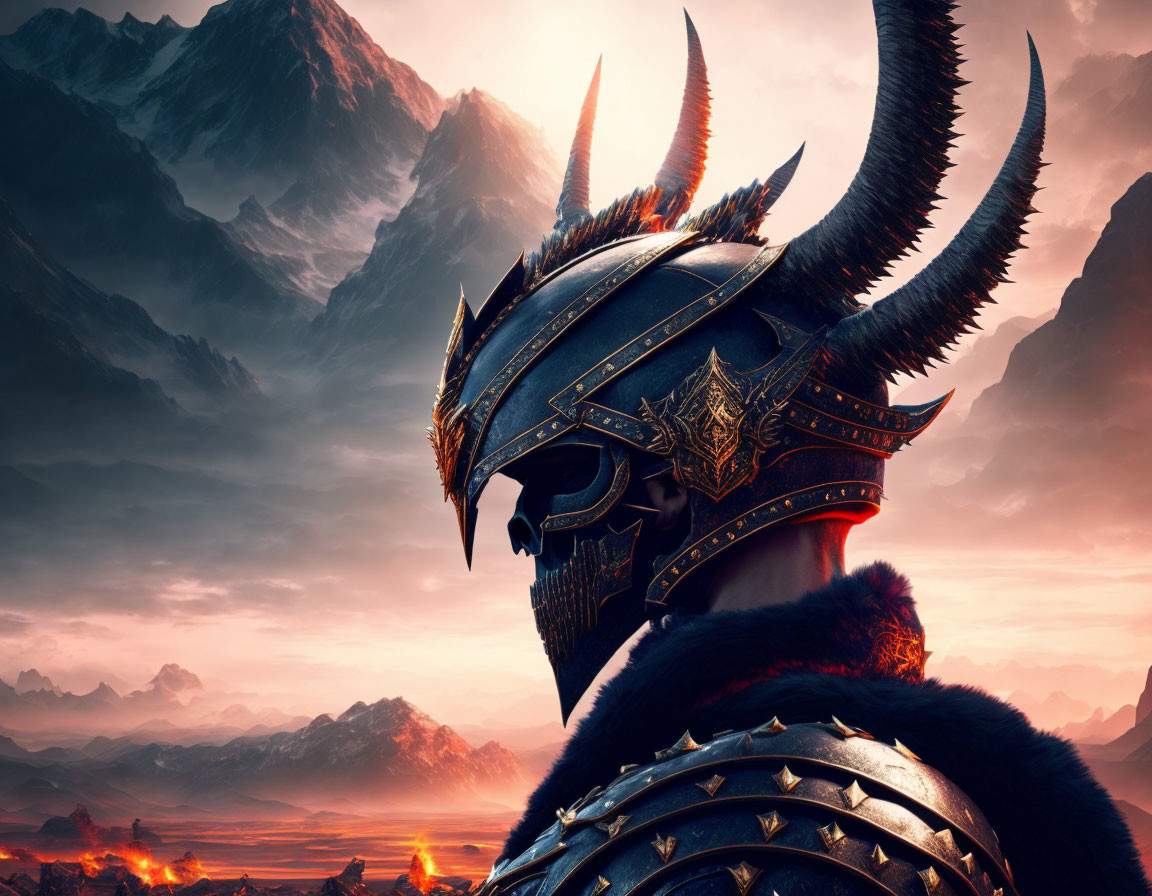 Fantasy warrior with horned helmet in fiery mountain landscape