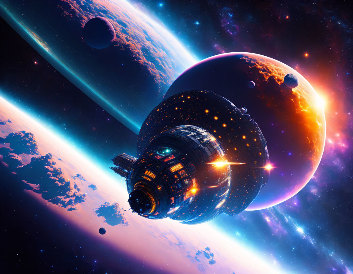 Futuristic spaceship orbiting vibrant planet with moons in colorful outer space