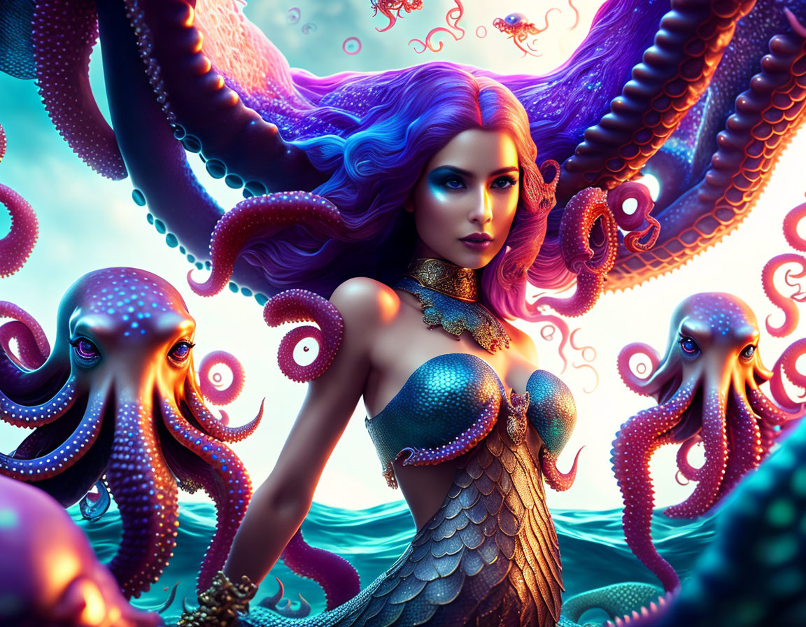 Colorful Mermaid Artwork with Purple Hair and Octopuses Underwater