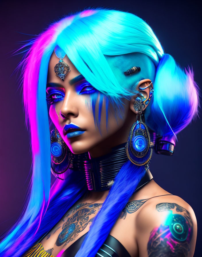 Portrait of woman with neon blue and pink hair and cyberpunk style jewelry.