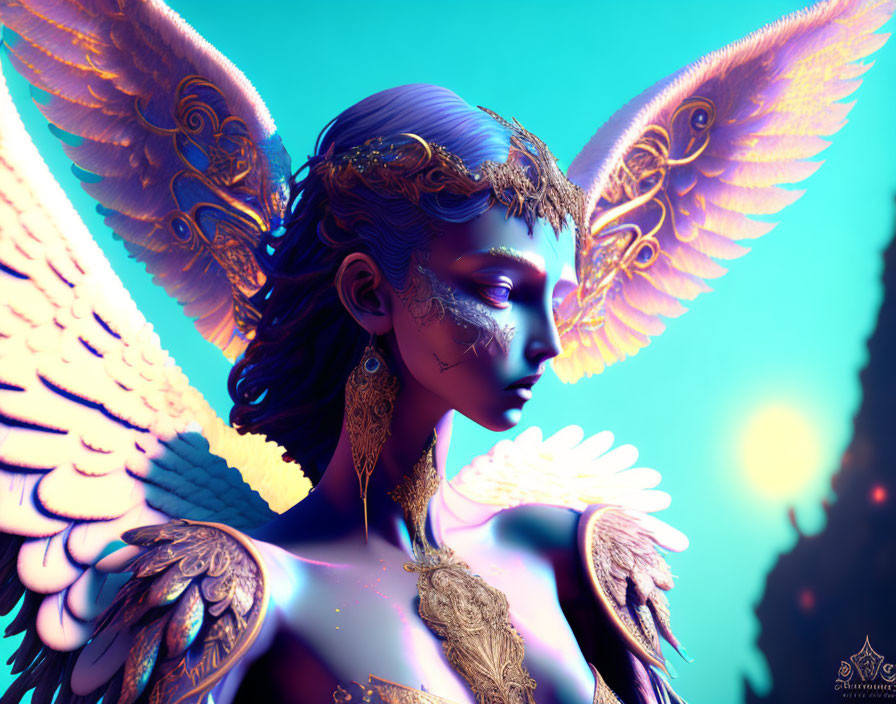 Blue-skinned winged female figure with golden headdress in celestial setting