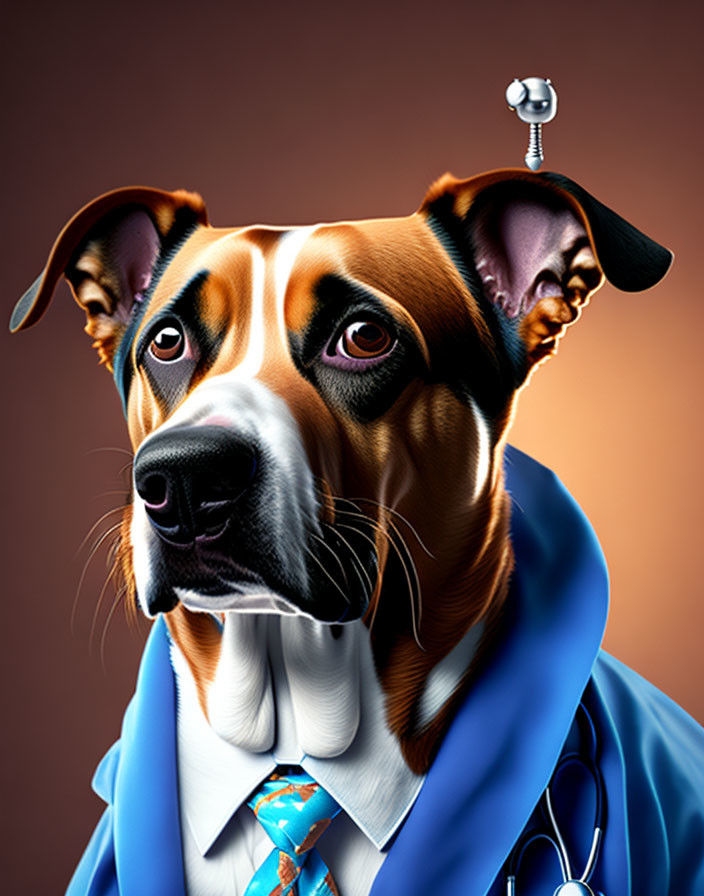 Dog with Human-Like Features in Doctor Attire on Brown Background