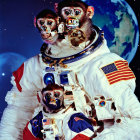 Two monkeys in astronaut suits with Earth in space backdrop.