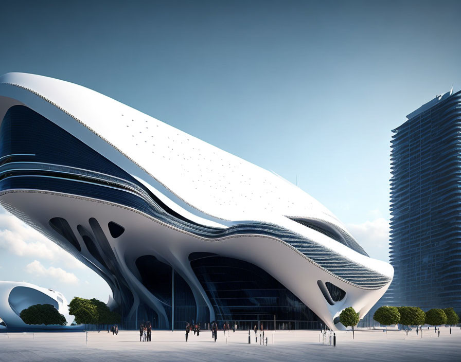 Modern organic architecture: White undulating facades and glass windows in futuristic building setting.