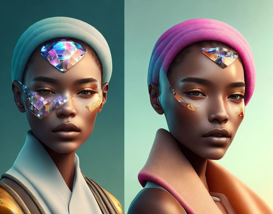 Digital portraits: Woman with crystalline makeup and pastel headwear on dual-toned backgrounds