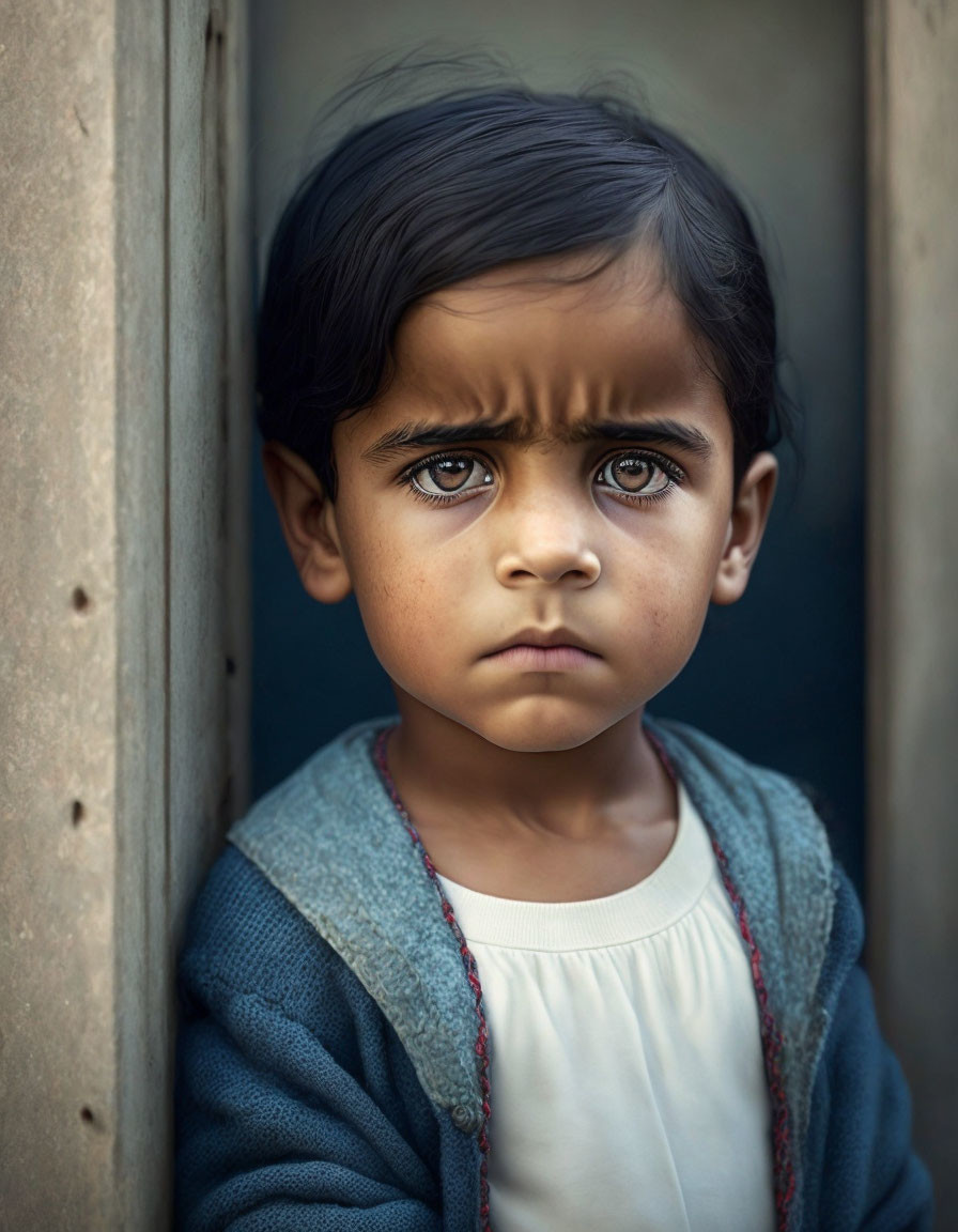 Young child with dark hair and striking eyes in white shirt and grey sweater