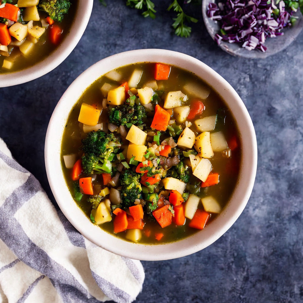 Vegetable soup bowls with broccoli, potatoes, carrots, and parsley garnish on dark surface.